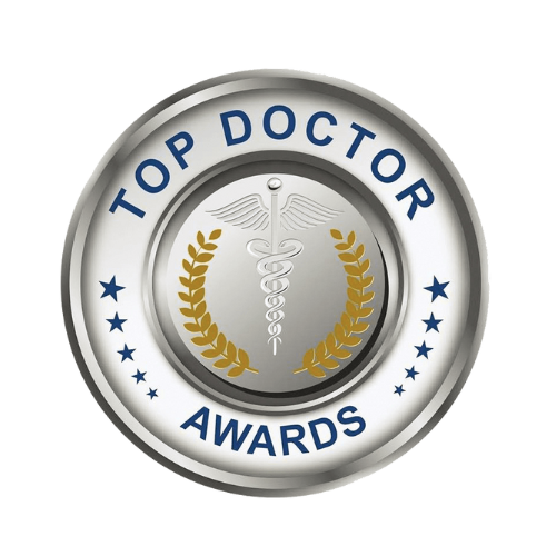 The image shows a digital badge with text that reads TOP DOCTOR AWARDS and a laurel wreath icon.