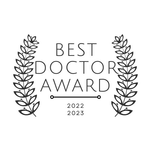 The image displays a graphic award emblem, which reads BEST DOCTOR AWARD with the year 2023 inscribed below the title. It features an illustration of a laurel wreath on either side of the text and is presented against a white background. The style of the image is simple and graphic, commonly used for badges or certificates to denote recognition or achievement.